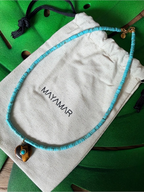 Mayamar Jewelry - Turquoise Beaded Necklace with Tiger Eye Heart Pendant | 24K Gold Plated